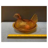 Vintage Amber glass hen on a nest