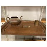 Copper plater, teapot, candle snuffer & pot