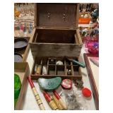 Antique wooden fishing box w/ accessories
