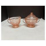 Pink depression glass cream & sugar