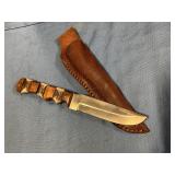 Damascus steel Knife w/Sheath wood &stag handle