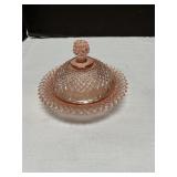 Pink depression glass covered butter dish