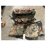 Large backpack w/ small camo bag & cushion