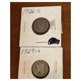 2 Mercury Dimes dates of 1926S & 1929S