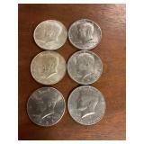 6 Kennedy Half Dollars Assorted Dates