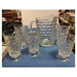 Whitehall Indiana glass Pitcher&5 footed tumblers