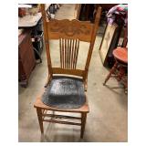 Vintage oak press back side chair, W/leather seat