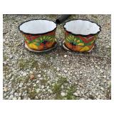 2 Glazed Terra Cotta flower pots 1 broken bottom