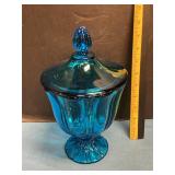 Blue pedestal compote dish with lid