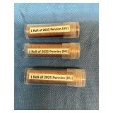 3 Rolls of BU 2025 Pennies