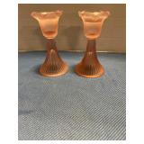 Pink depression glass candle stick holders