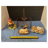Wire basket w/ egg, pig & rooster collectibles