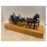 Metal horse drawn carriage on wood 13ï¿½x 6ï¿½