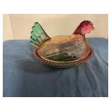 Vintage Indian glass iridescent hen on nest