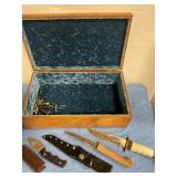 Wooden Storage box w/ 3knives & assorted ammo