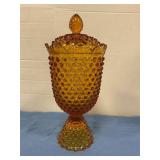 Vintage amber glass hobnail candy dish11" tall