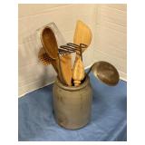 Stoneware jug, with kitchen accessories