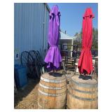 Whiskey barrel with purple umbrella