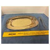 Silver-plated small oval tray with small tongs