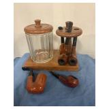 Vintage wooden tobacco pipe stand & jar w/ extra