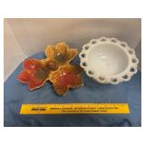 Milk glass compote/maple leaf divided serving dish