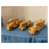 Wooden hand-made truck, tractor & fire truck