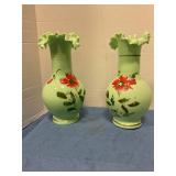 8" Antique pale green petal vases (2)