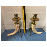 Decorative brass mounted horns candlesticks