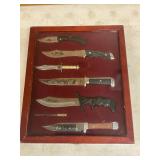Fixed-blade  Bowie-style knives in display case