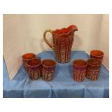 Vintage carnival glass pitcher w/6 glasses