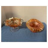 Vintage Carnival glass pedestal & handled bowls