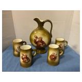 Antique monk pottery pitcher & mugs