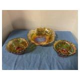 Carnival glass candlestick holders &  bowl