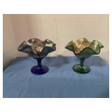 Vintage iridescent Carnival glass footed compotes