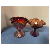 Vintage iridescent Carnival glass footed compotes