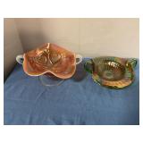 Vintage Carnival glass two-handled footed bowls