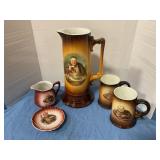 Antique monk pottery pitcher & mugs