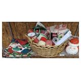 BASKET OF RIBBON AND ASSORTED CHRISTMAS DECOR