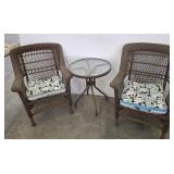 2 OUTDOOR WICKER ARMCHAIRS, GLASS