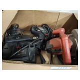 BOX OF POWER TOOLS, CIRCULAR SAW, DRILLS, MISC