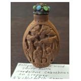 ANTIQUE CARVED WOOD SNUFF BOTTLE HARDSTONE CABOCHO