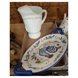 MILK GLASS PITCHER, ROOSTER PLATTER