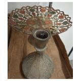 BRASS CENTERPIECE AND OIL BOTTLE