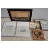 SMALL ASSORTED FRAMED PICTURES, CHICKEN, WINE,