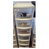 STACK OF STORAGE BINS, FABRIC SAMPLES