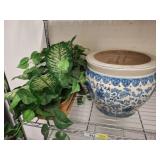 ORIENTAL FISH BOWL PLANTER, FAUX IVY IN BASKET