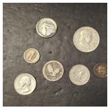 GROUP ASSORTED SILVER COINS, QUARTERS, MERCURIES,