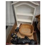 BEAR FIGURINES, BASKET, WHATNOT SHELF