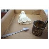 STERLING BABY CUP, GERBER SPOON, BISQUE DOLL