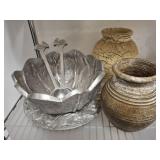 ALUMINUM SALAD SET, DECORATIVE VASES